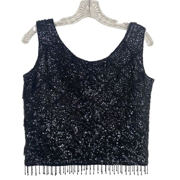 Vintage beaded black sequin blouse 50s cropped sleeveless round neck - Picture 1 of 6